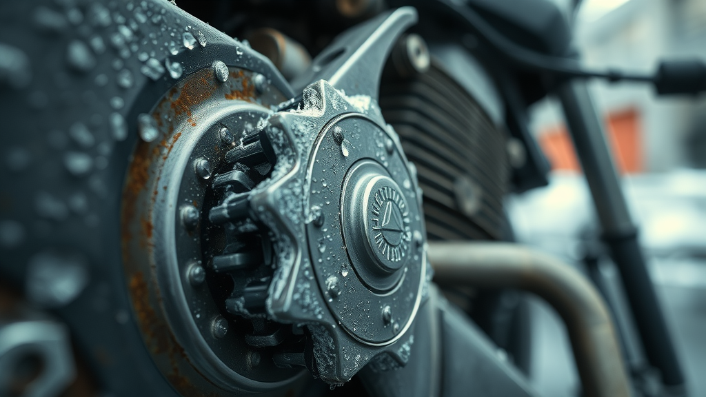 Close-up of motorcycle metal components with frost and tiny rust spots, condensation forming, showing how cold weather and humidity lead to winter rust