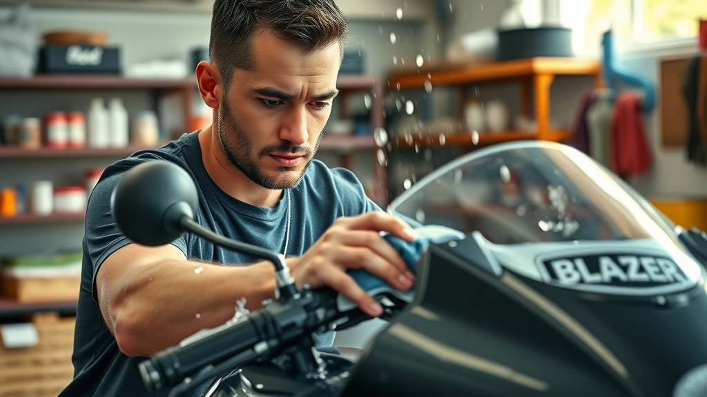 Clean shiny motorcycle being meticulously washed by an owner, showing how to protect your motorcycle from rust during winter with proper pre-storage cleaning