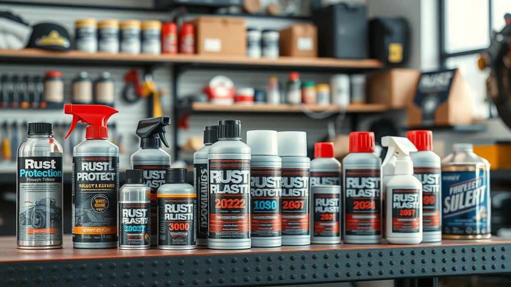 Array of rust protection products for motorcycles, with corrosion inhibitor, wax, and motorcycle cover, for how to protect your motorcycle from rust during winter