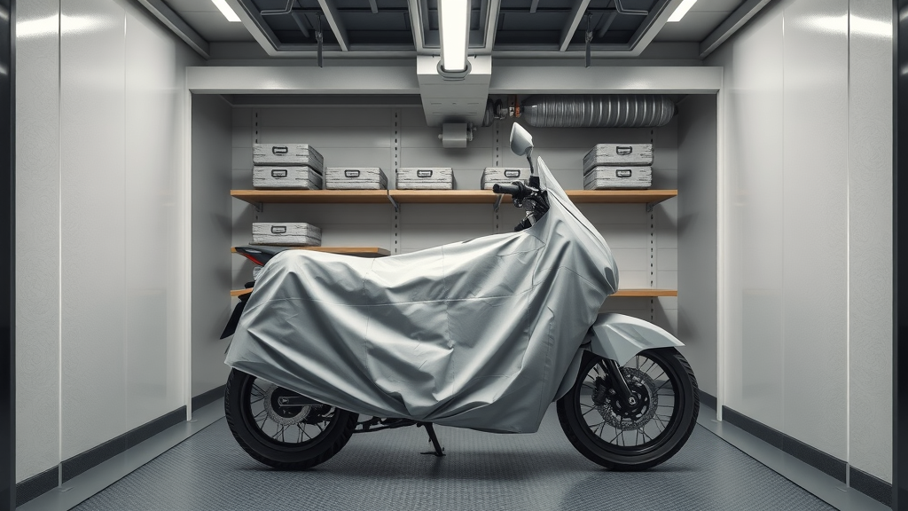 Modern tidy storage unit with securely covered motorcycle, moisture absorbers, and ventilation for how to protect your motorcycle from rust during winter