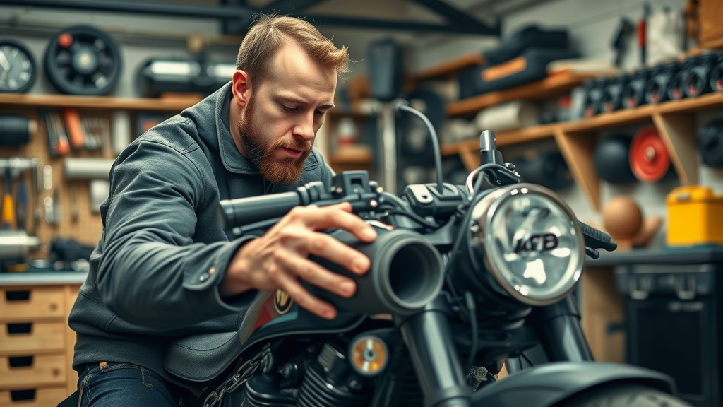 Aftermarket motorcycle parts and passionate rider examining upgraded exhaust in an organized customization garage workspace