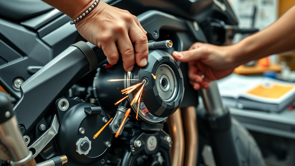 Exact fit aftermarket motorcycle part and mechanic aligning the component on a modern bike