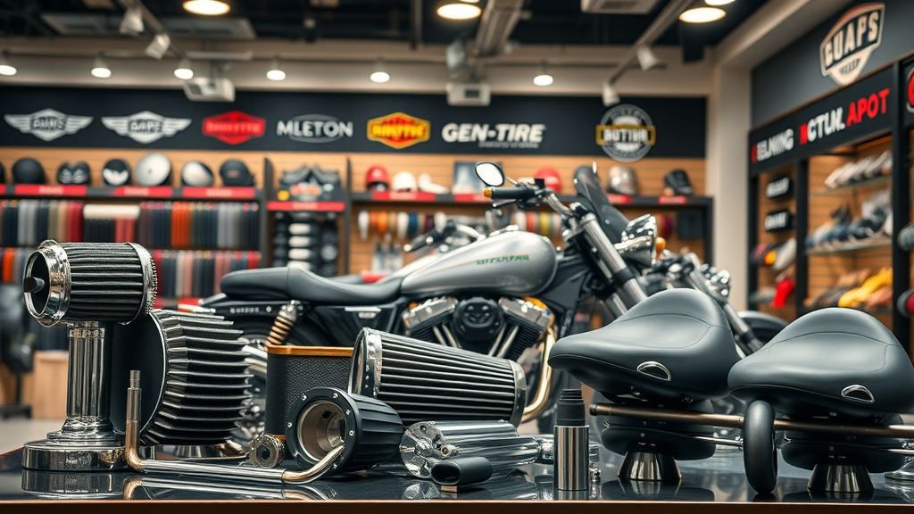 Vibrant display of best-selling aftermarket motorcycle parts including air filters, exhaust systems, custom seats, and handlebars in showroom