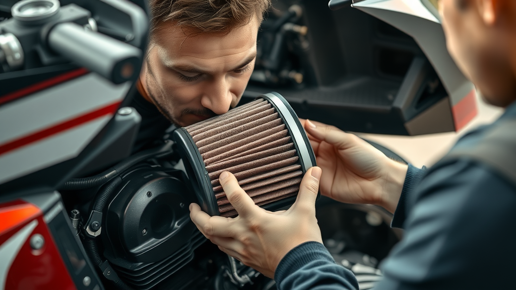 Modern air filter upgrade being installed into a motorcycle by a careful technician