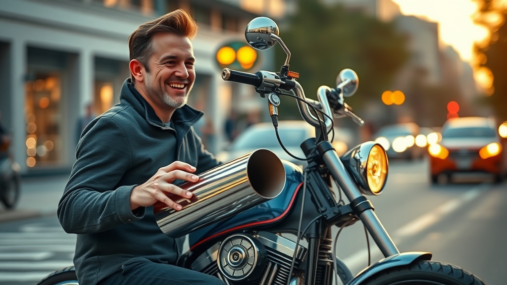 Stylistic custom motorcycle with newly installed chrome exhaust system in an urban setting