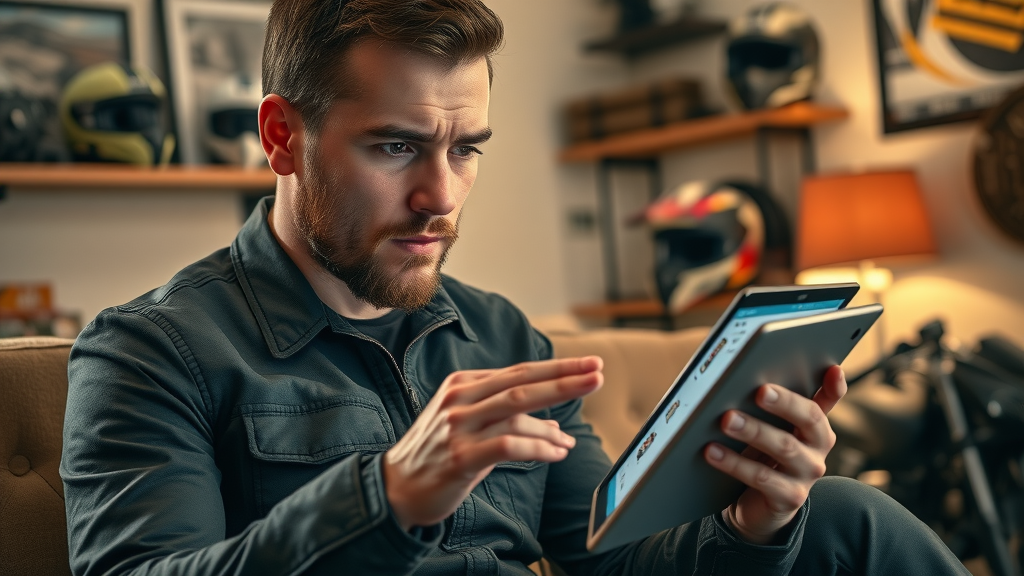 Rider exploring online catalog of aftermarket motorcycle parts on a tablet in a living room