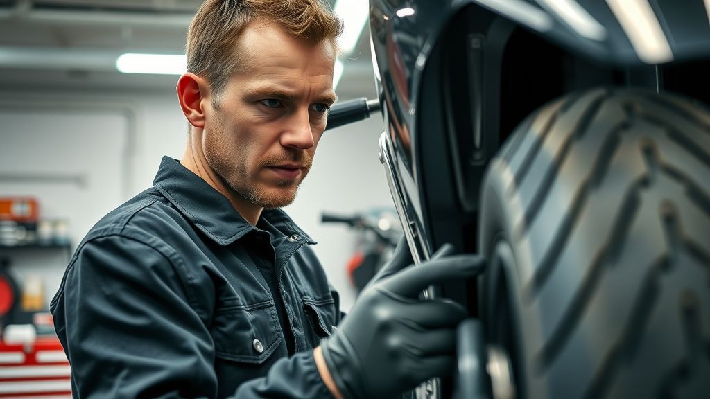 Meticulous mechanic performing post-installation safety check on aftermarket motorcycle parts