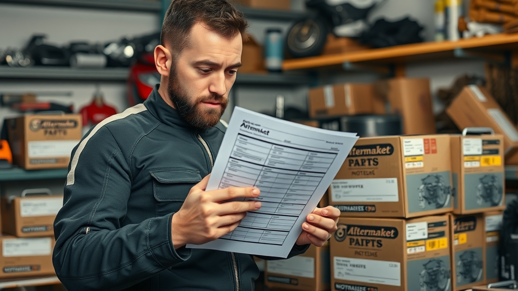 Rider reviewing checklist with aftermarket motorcycle parts boxes in a garage workshop