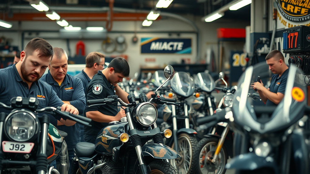 motorcycle repair services near me in a busy, well-organized repair shop with mechanics at work