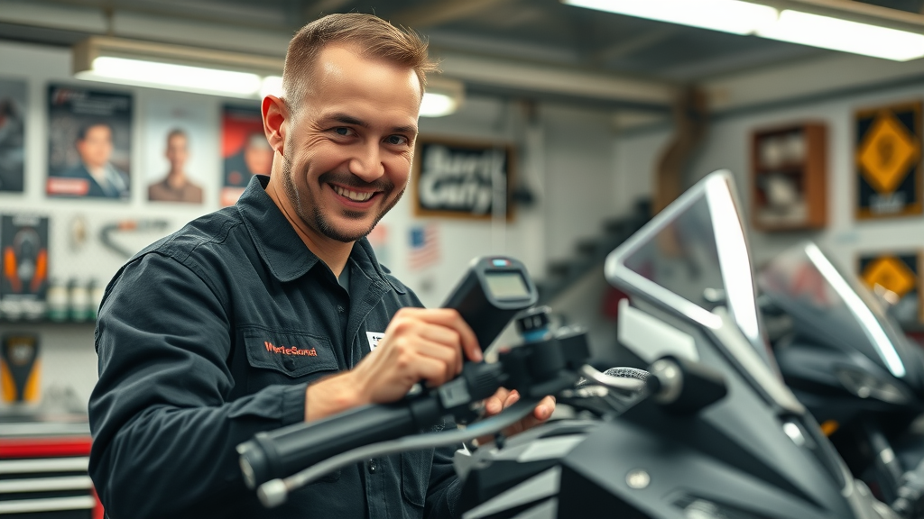 motorcycle mechanic using diagnostic tools on a sport motorcycle in a professional repair shop