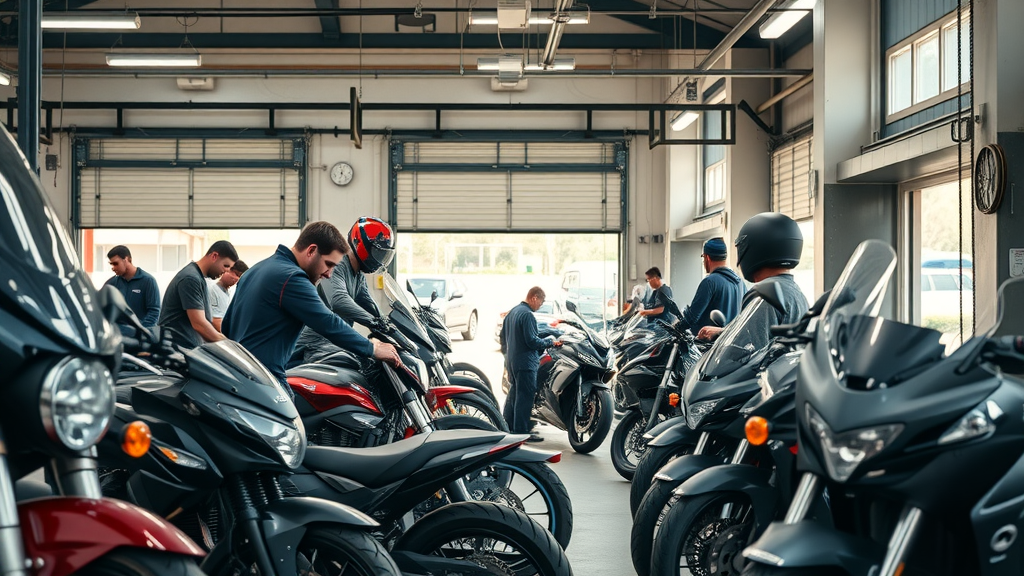 dirt bike, sport bike, cruiser, and touring motorcycles being repaired at a motorcycle repair shop