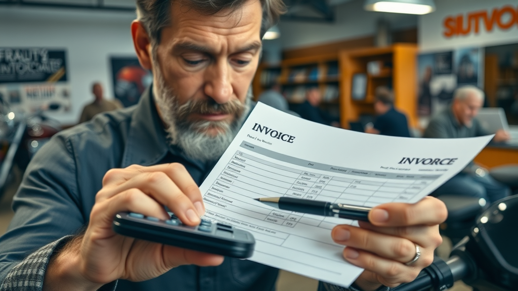 motorcycle owner reviewing repair costs at a motorcycle repair shop