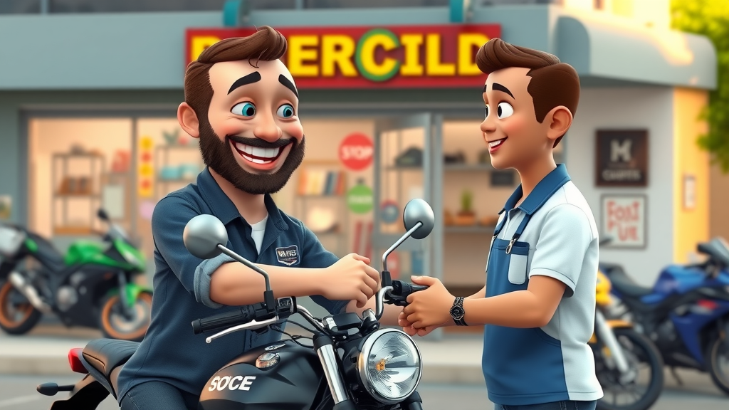 happy motorcycle owner at motorcycle repair shop with friendly staff