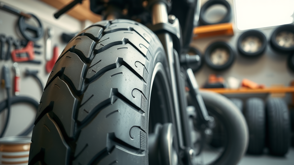 well-maintained motorcycle tires on organized tire racks in a garage, clean and pristine motorcycle tire storage