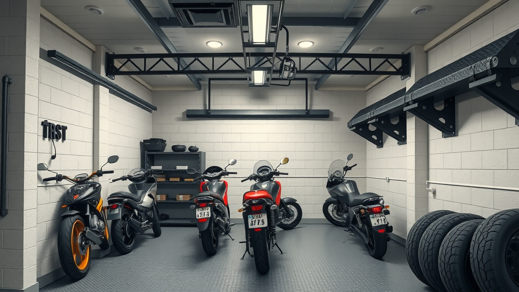 organized climate-controlled storage area for motorcycle tire storage with labeled tire racks in a modern garage