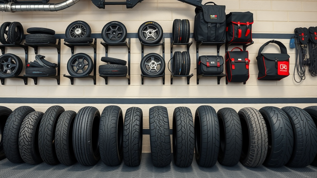 contemporary display of motorcycle tire storage solutions including racks, bags, and wall mounts