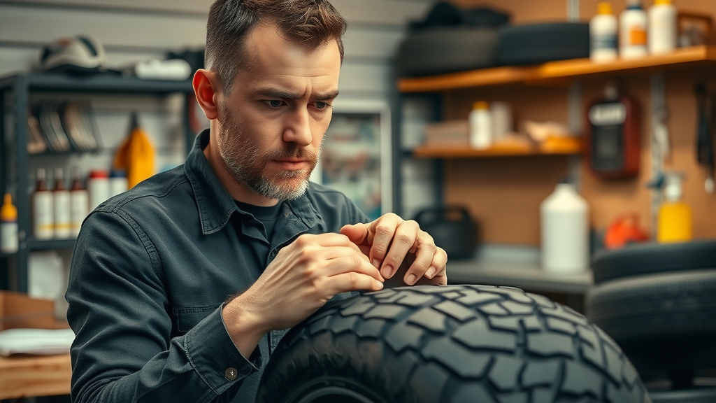 motorcycle owner preparing and wrapping tires for proper motorcycle tire storage in a clean workspace