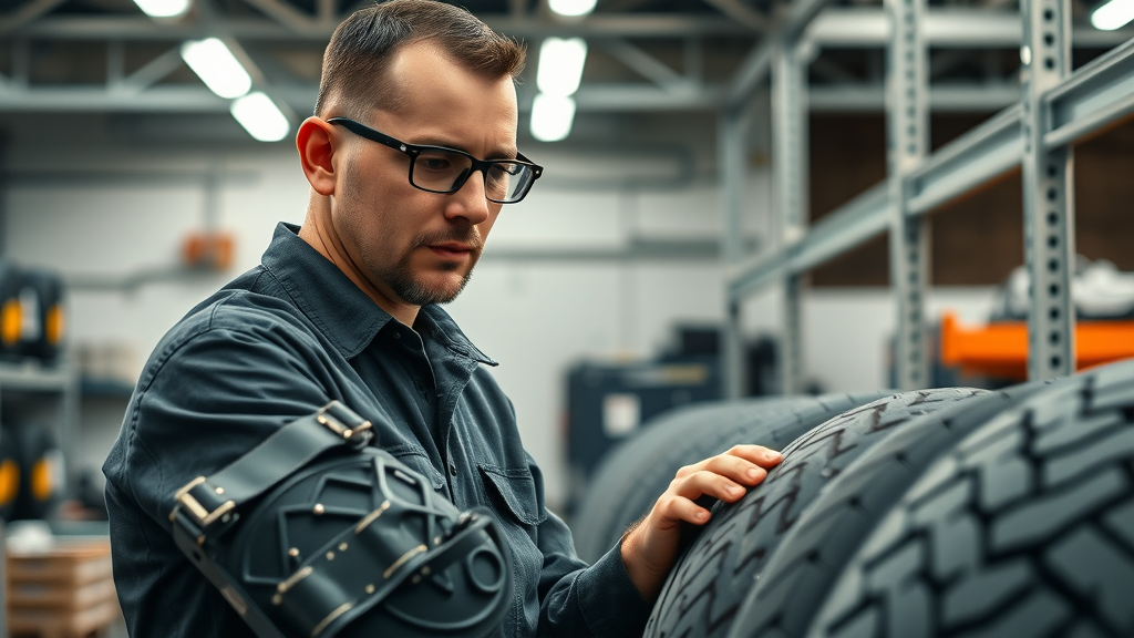 motorcycle industry specialist inspecting a well-organized tire rack in a professional workshop