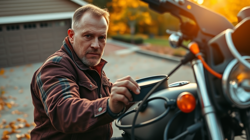 confident biker oil change autumn leaves fall engine oil change fall