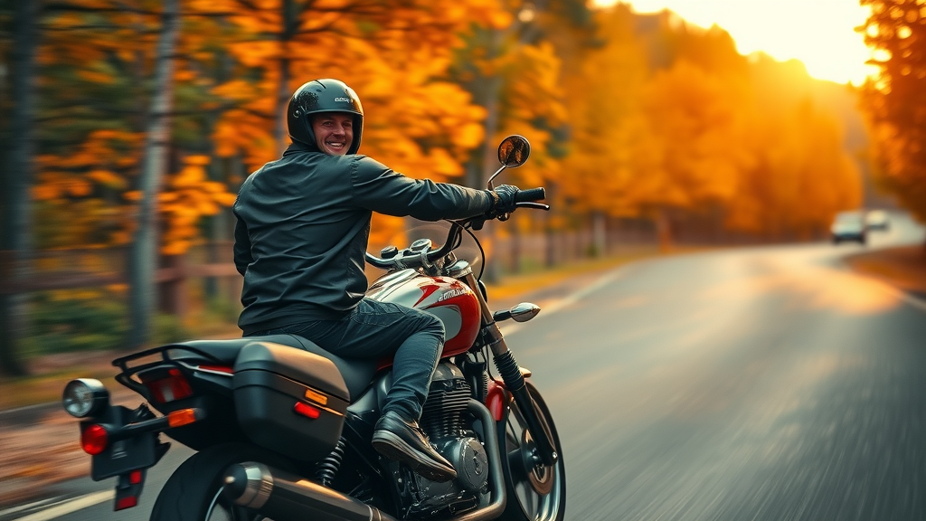 motorcycle rider autumn sunset after engine oil change fall service