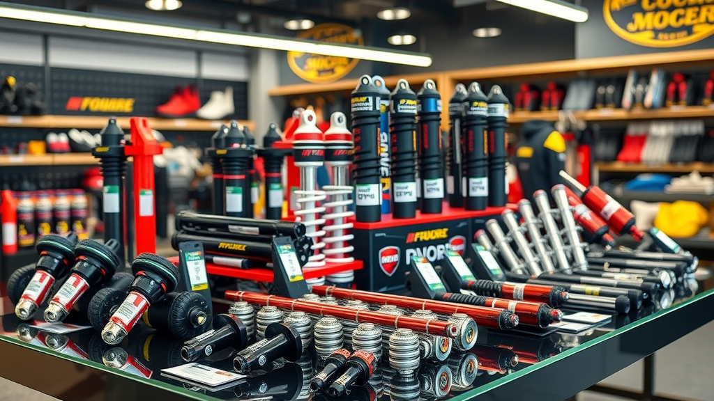 display of top-rated motorcycle suspension upgrades and parts in a retail showroom