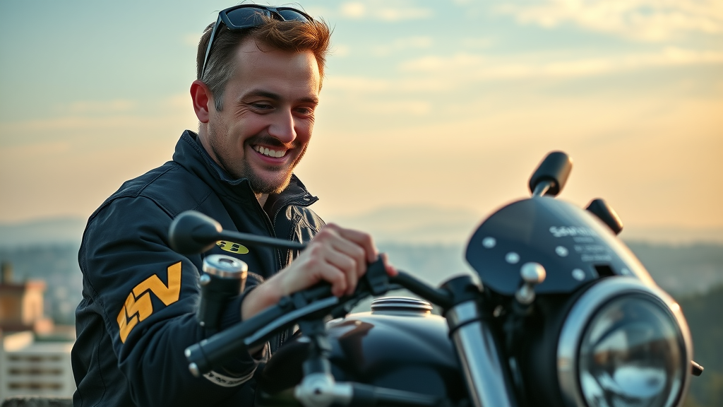 satisfied rider inspecting upgraded motorcycle suspension, cityscape in the background