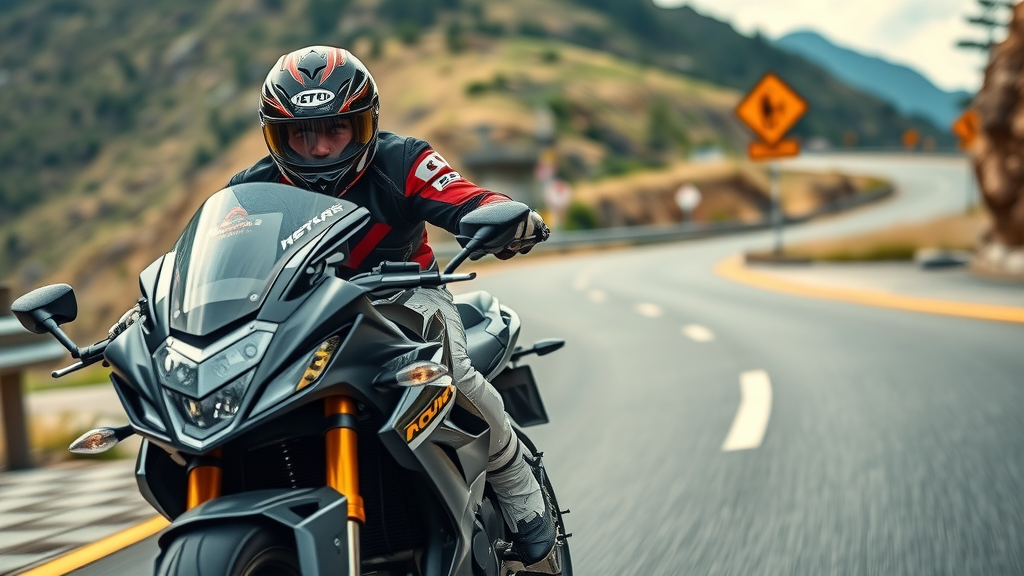 dynamic sport motorcycle rider accelerating on a winding road, local motorcycle suspension repair in action, scenic mountainous background