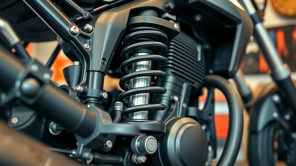 closeup view of pristine motorcycle suspension system with cleaned and lubricated components, bike suspension service
