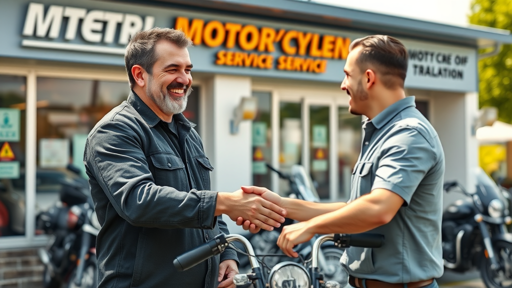 happy motorcycle owner shaking hands with suspension technician outside a trusted local motorcycle suspension repair shop
