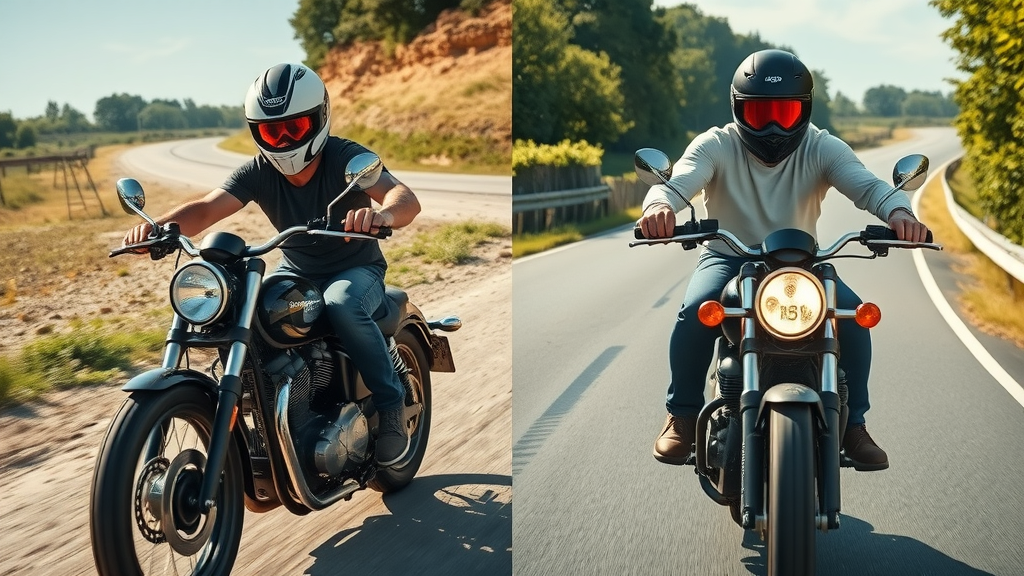 split scene of motorcycle ride before and after local motorcycle suspension repair, left shows bumpy ride, right shows smooth ride