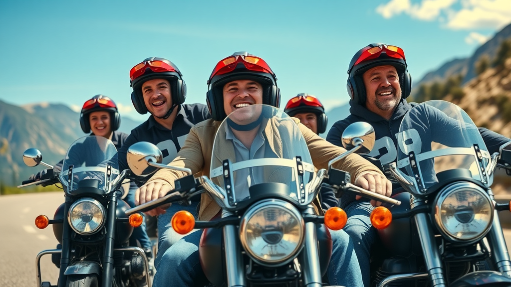 motorcycle helmet speakers group ride, happy riders, scenic highway, feeling of camaraderie, photorealistic, mountainous landscape, clear blue skies