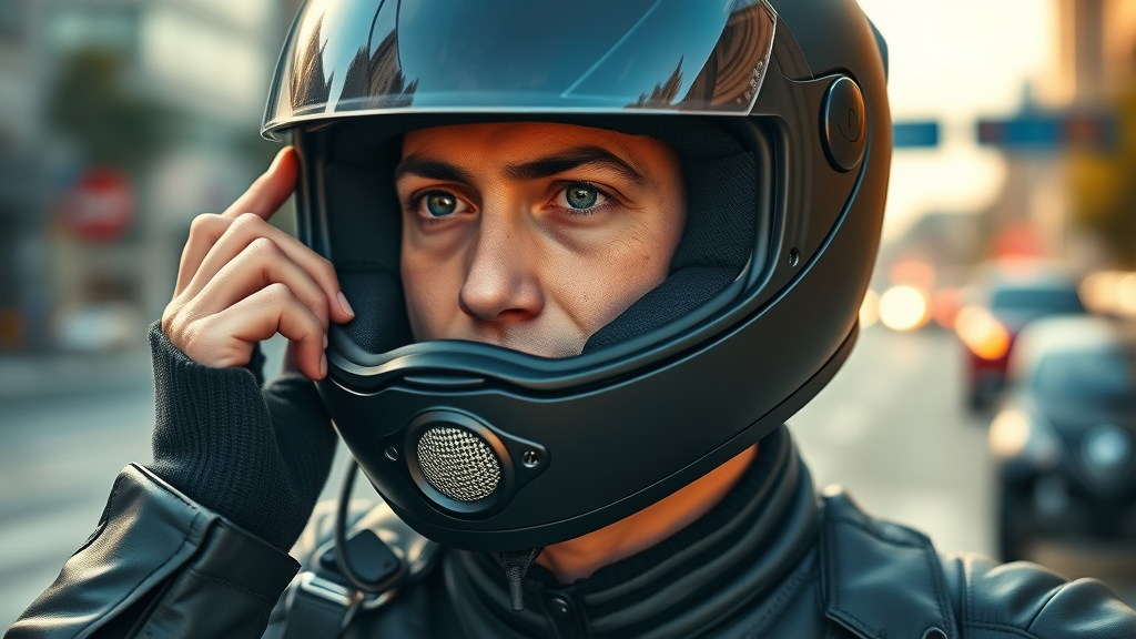 motorcycle helmet with integrated helmet speakers, confident rider, city road, speaker area glowing, photorealistic, cool metallic blacks, bright morning light