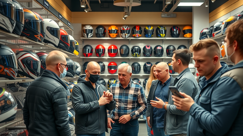 motorcycle helmet speakers accessory store comparison, various speaker models, customers examining helmet displays, highly detailed, modern retail, balanced lighting