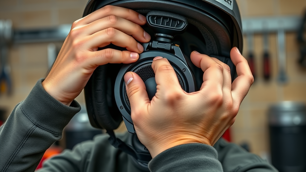 installing motorcycle helmet speakers, hands carefully placing speakers inside helmet, workshop background, highly detailed, neutral tones, photorealistic