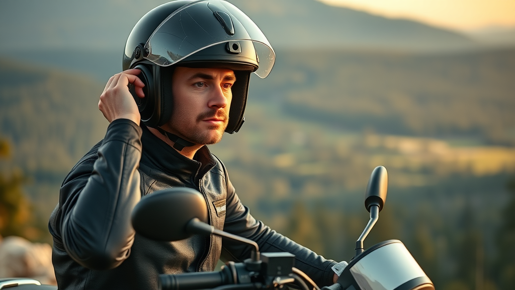 motorcycle rider adjusting helmet speaker volume, calm and alert at scenic overlook, forest background, photorealistic, golden hour lighting