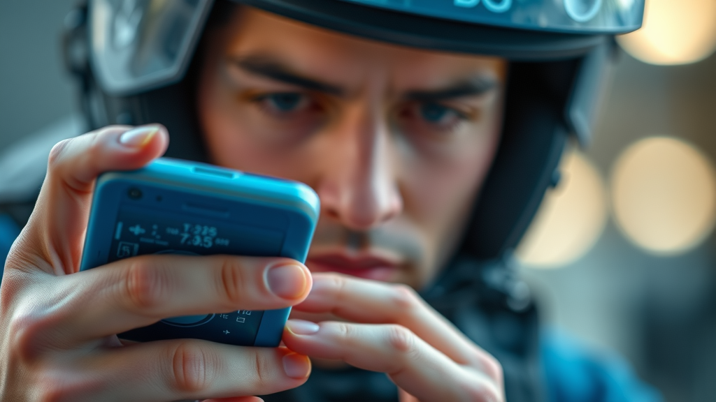 bluetooth headset smartphone connection with helmet speaker, user interacting, photorealistic, vibrant blue interface