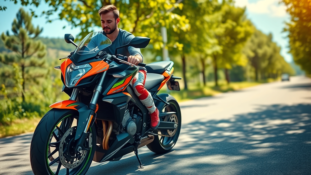 Sport motorcycle parked summer road, rider checking engine, lush background, summer riding safety, check motorcycle coolant for summer