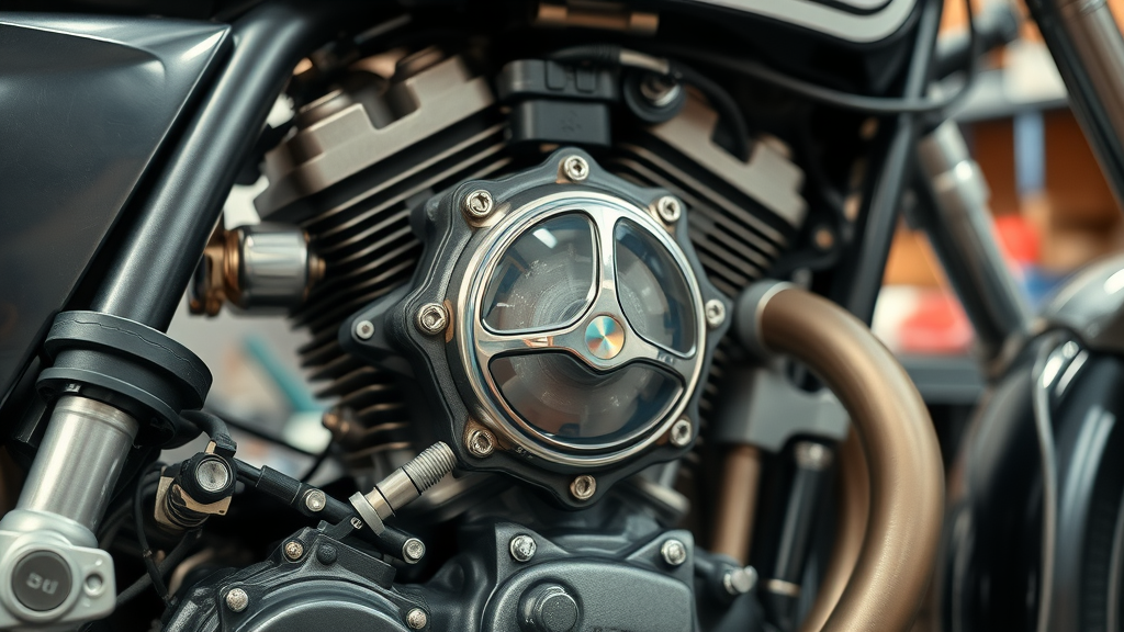 Motorcycle engine close-up with visible coolant reservoir showing cooling system for summer riding safety