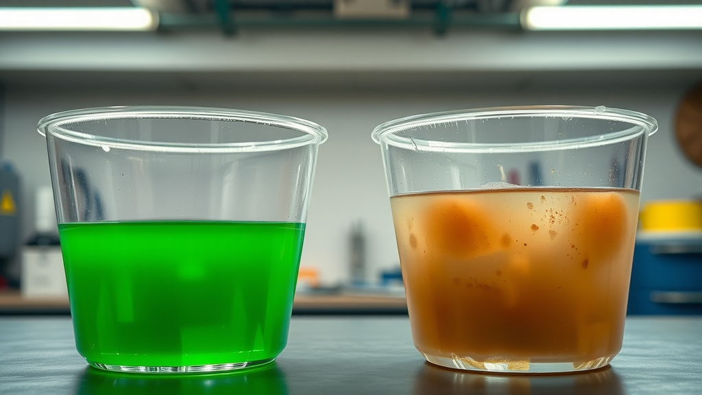 Comparison of clean green coolant and dirty rusty coolant in jars, importance of coolant quality, check motorcycle coolant for summer