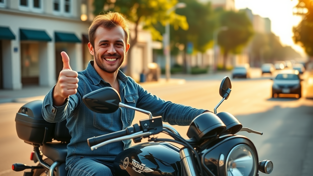 Confident motorcycle rider, thumbs up, bike maintenance completed, safe summer riding, check motorcycle coolant for summer