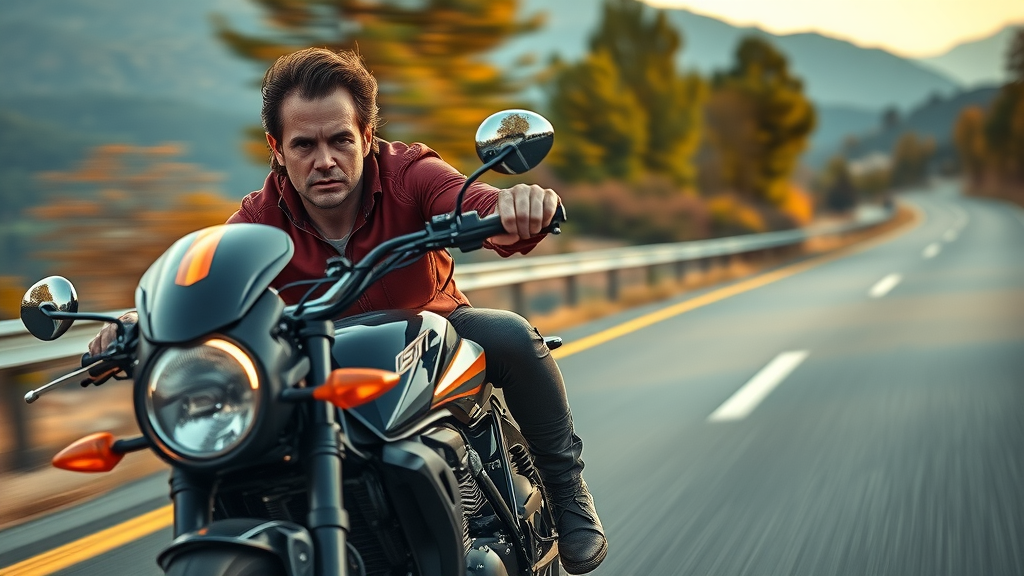 dynamic motorcycle in motion, rider accelerating on a scenic winding highway, motorcycle performance upgrade, golden hour lighting, motion blur