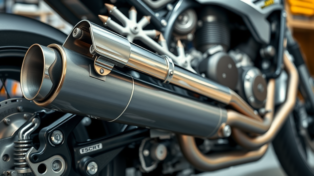sleek custom motorcycle exhaust system, polished, showcasing optimal exhaust flow and integration, motorcycle performance upgrade, workshop background