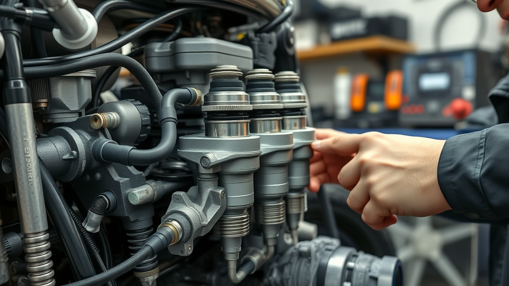 performance motorcycle fuel injection system, technician calibrating for optimal fuel delivery, motorcycle performance upgrade, detailed, garage setting