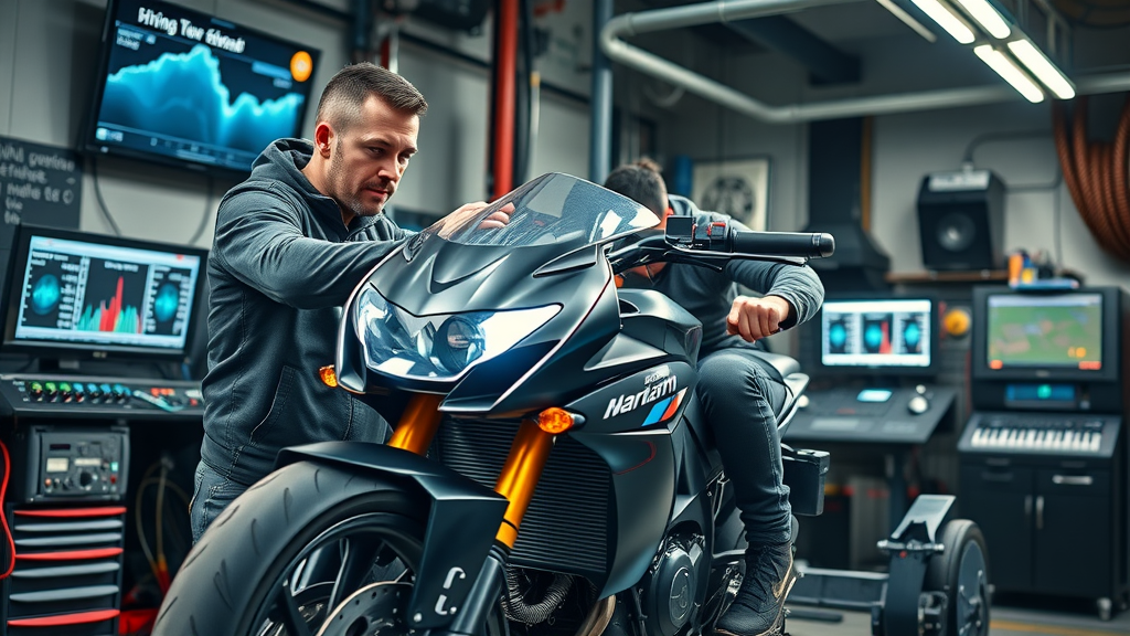 motorcycle on dyno testing machine, performance upgrade optimization, technician monitoring live tuning results