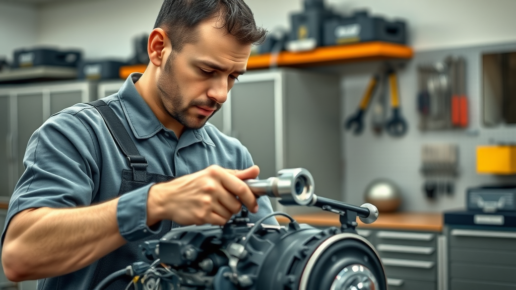 mechanic upgrading motorcycle engine parts, performance upgrade process, professional workshop, maintenance in progress