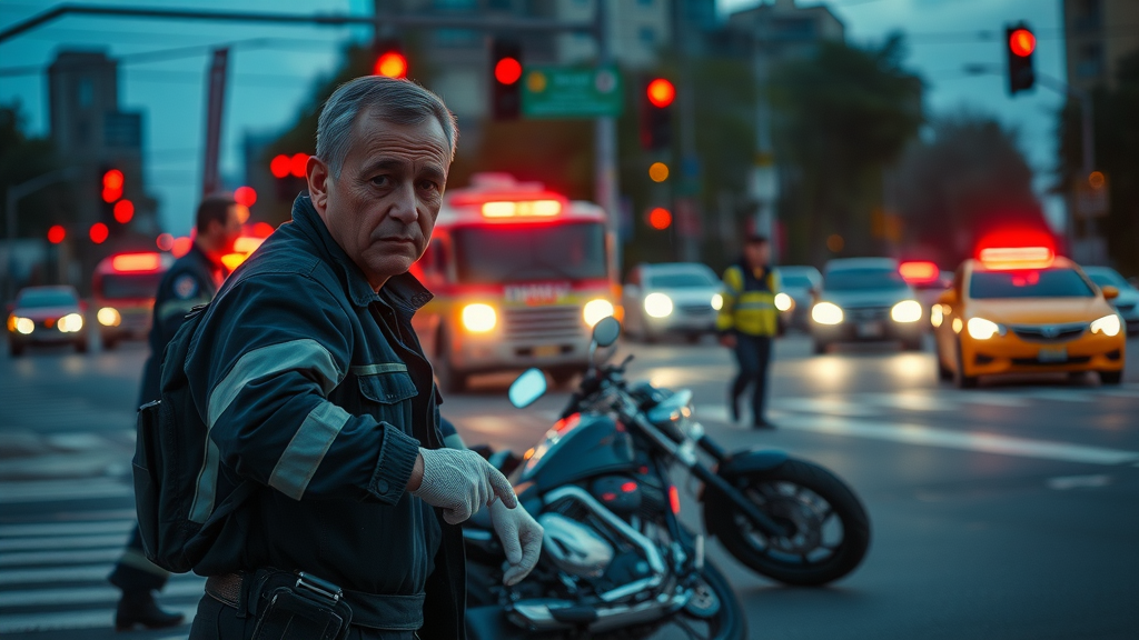 Dramatic motorcycle accident scene at urban street intersection at dusk, emergency responders attending aftermath, motion blur of emergency vehicles, motorcycle safety, United States
