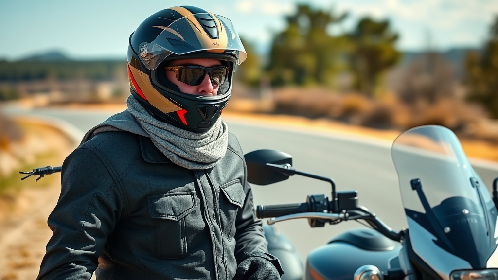 Confident motorcyclist in full safety gear, standing next to a parked motorcycle on open road, essential motorcycle safety gear, United States