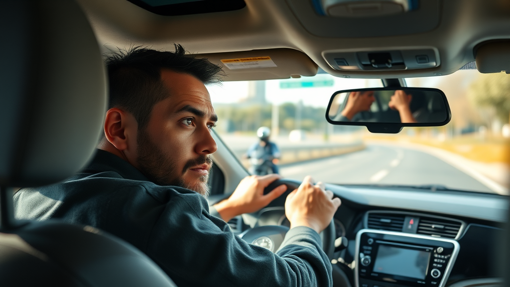 Alert car driver checking mirror, motorcycle visible, share the road with motorcycle riders, United States