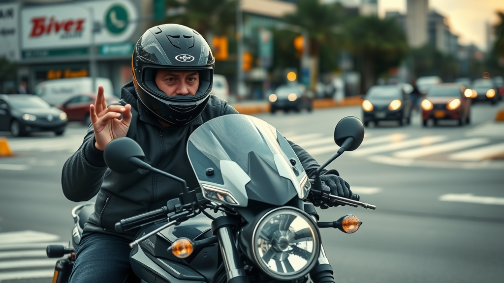Skilled motorcyclist using defensive maneuver with hand signal, city intersection, signal indicators, motorcycle safety, United States