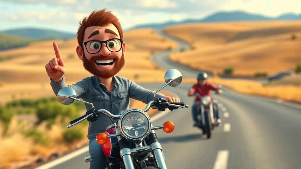 Friendly motorcyclist giving two fingers up sign as a greeting, open countryside road, motorcycle safety, United States